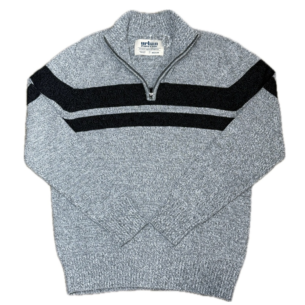 🧥❄️ URBAN PIPELINE Gray Black Stripe Quarter-Zip Knit Sweater‎ Men’s M